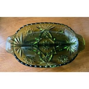 Serving Dish Green Divided Vintage Relish Glass Star Cut  Design